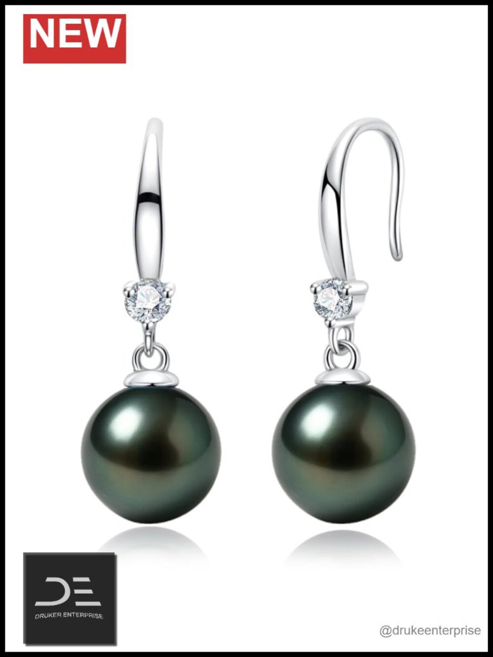 AAAA Tahitian Black Pearl Drop Earrings 9-11mm Sterling Silver Moissanite Lever